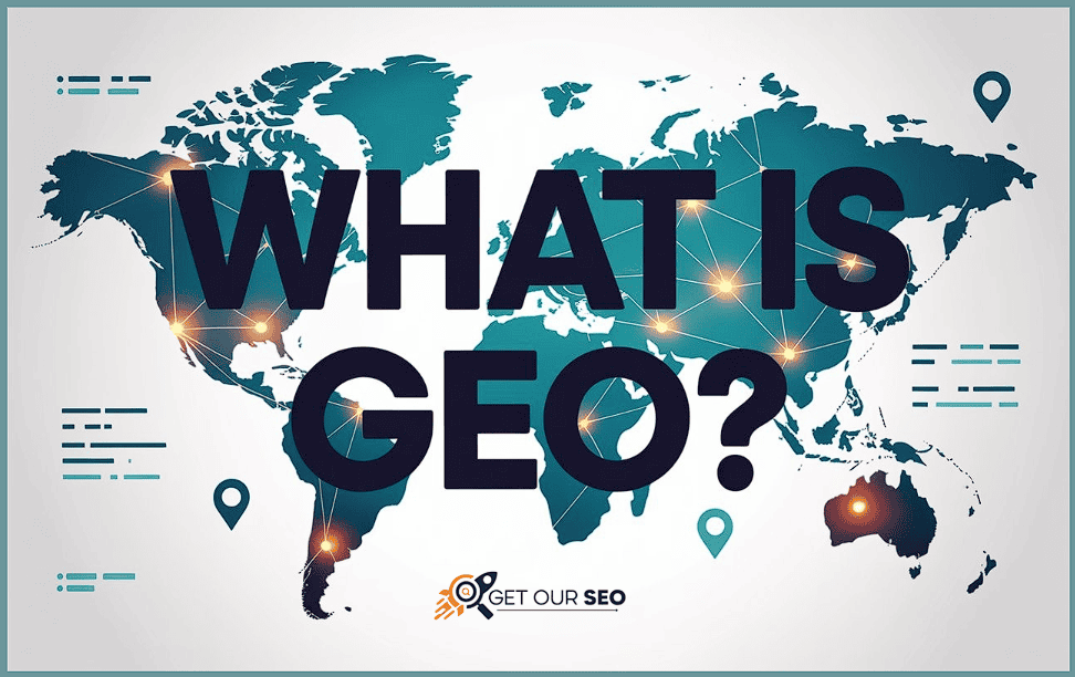 Global map highlighting GEO concepts and location markers for SEO understanding.