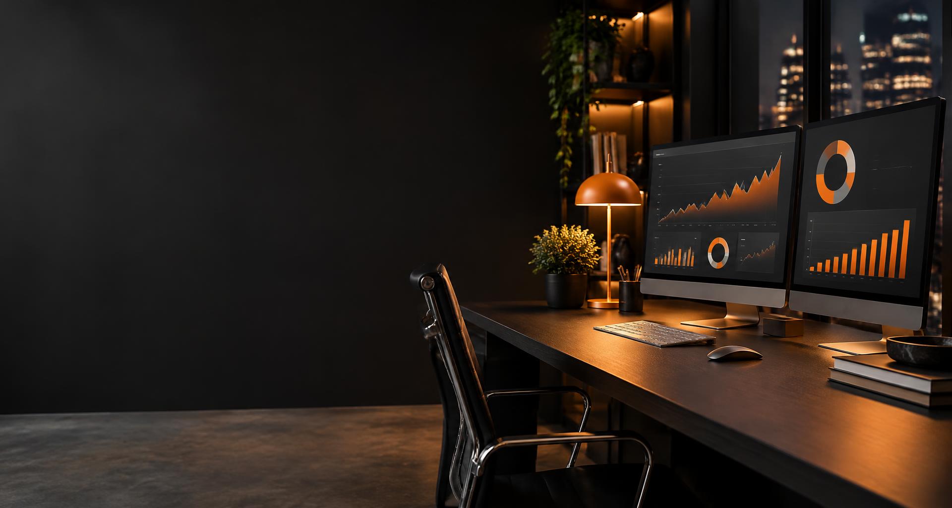 Illustrative digital marketing workspace with orange analytics displays